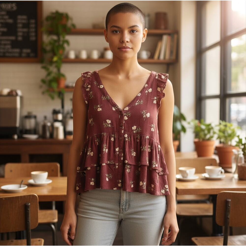American Eagle Babydoll Women's Floral Gauzy Sleeveless Tiered Ruffle Top  S